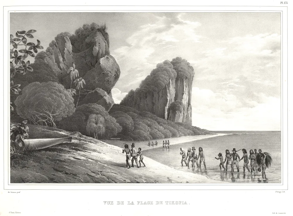 Illustration en noir et blanc un bord de mer, un groupe de personnes dans l'eau