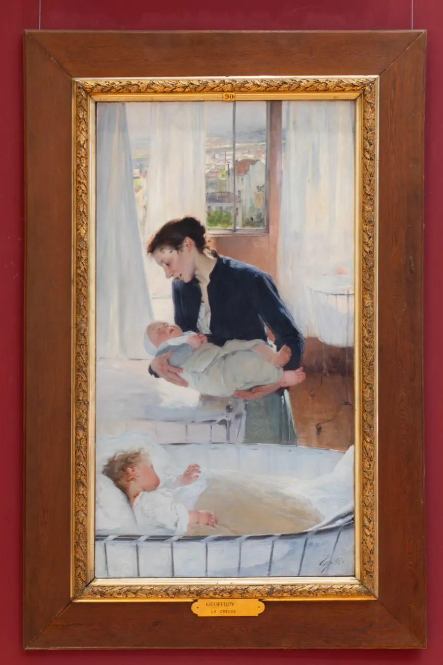 Tableau : À la crèche, une femme déposant un bébé dans un landau